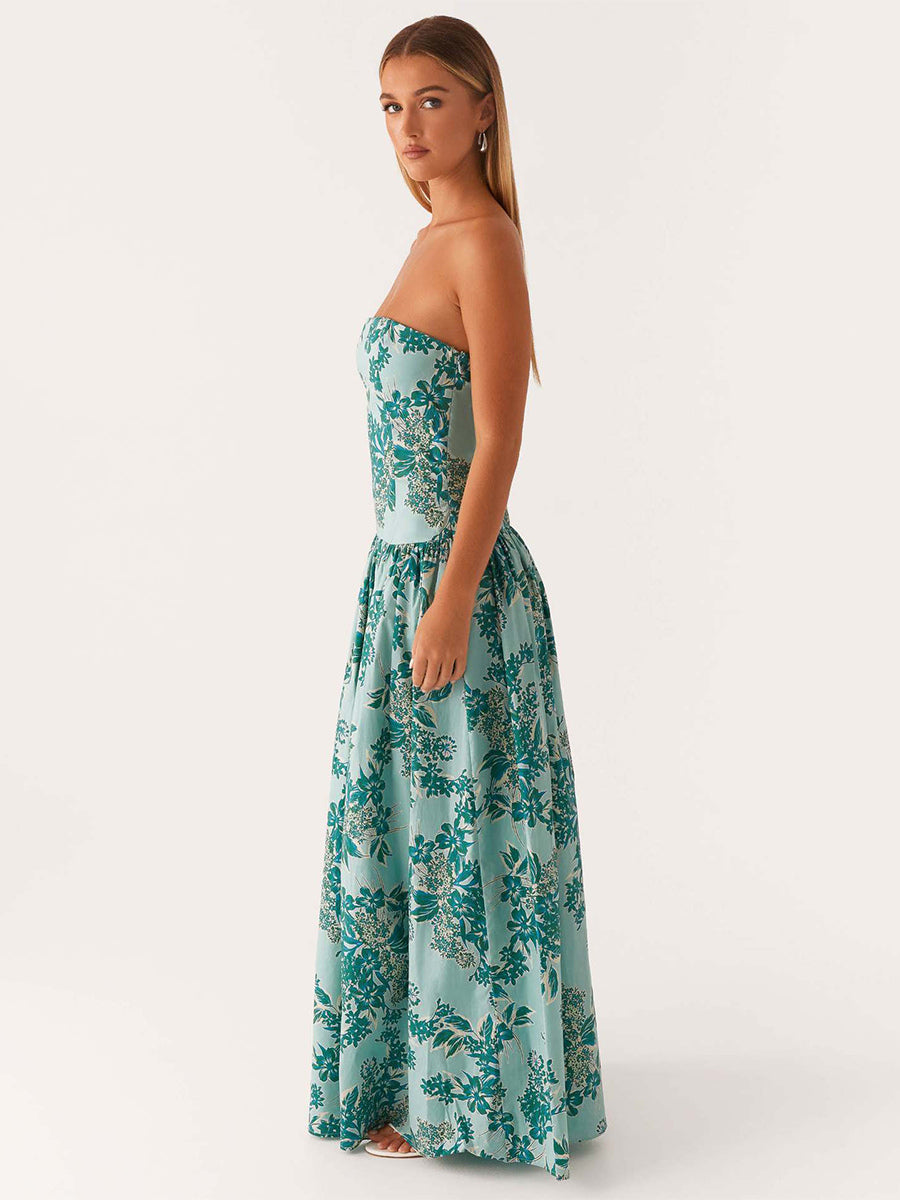 Strapless Printed Maxi Dress For Women - BoHo Bandeau Pleated Drop Waist Long Sundress - Summer Garden Party 2026