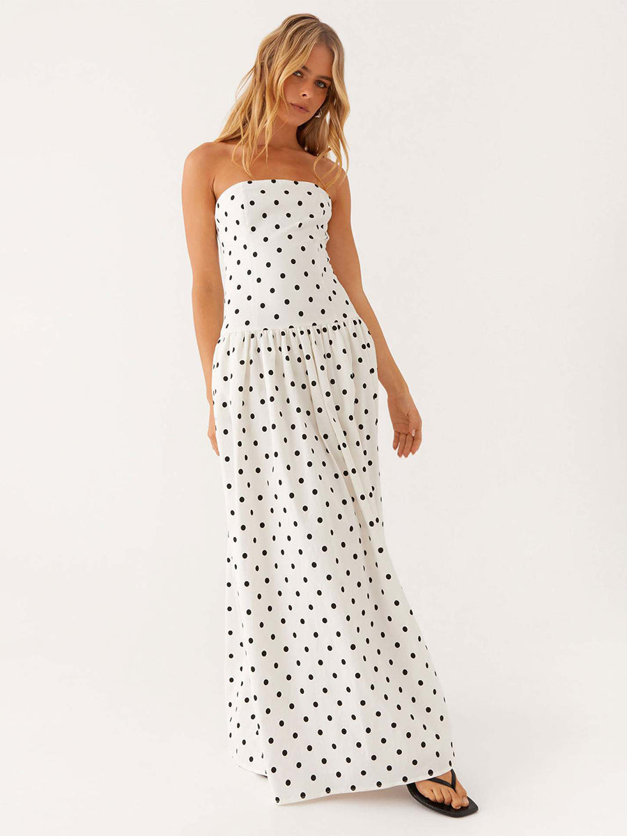 Strapless Printed Maxi Dress For Women - BoHo Bandeau Pleated Drop Waist Long Sundress - Summer Garden Party 2026