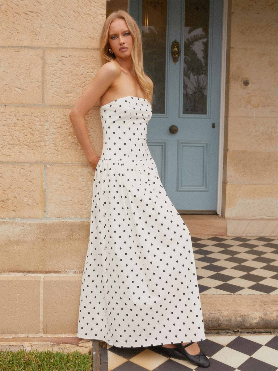 Strapless Printed Maxi Dress For Women - BoHo Bandeau Pleated Drop Waist Long Sundress - Summer Garden Party 2026