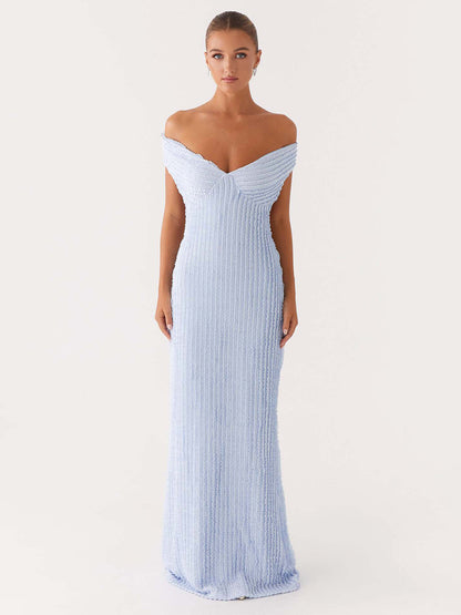 Off Shoulder Maxi Gown For Women - Textured Backless Bodycon Mermaid Dress - Summer Evening Wedding Guest 2026