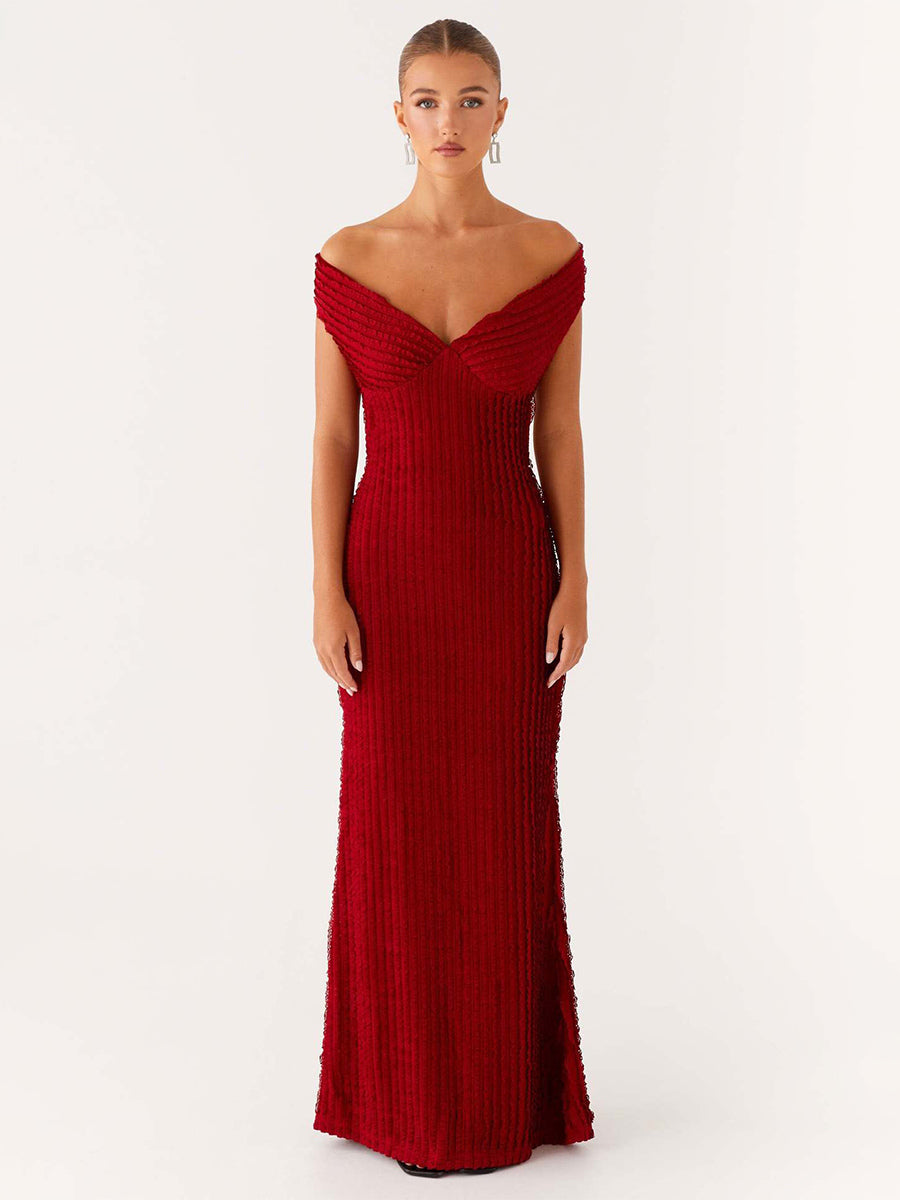 Off Shoulder Maxi Gown For Women - Textured Backless Bodycon Mermaid Dress - Summer Evening Wedding Guest 2026