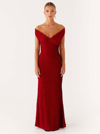 Off Shoulder Maxi Gown For Women - Textured Backless Bodycon Mermaid Dress - Summer Evening Wedding Guest 2026