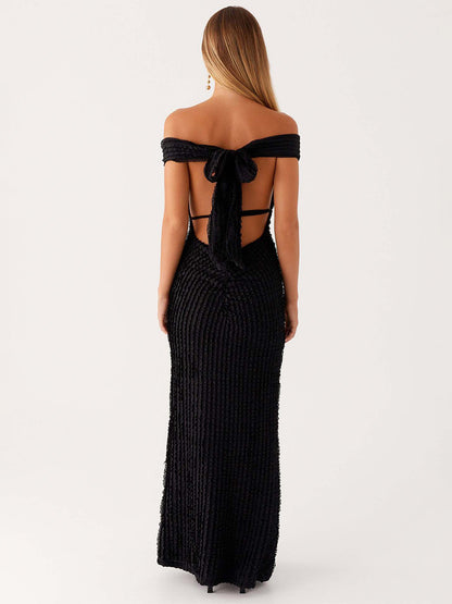 Off Shoulder Maxi Gown For Women - Textured Backless Bodycon Mermaid Dress - Summer Evening Wedding Guest 2026