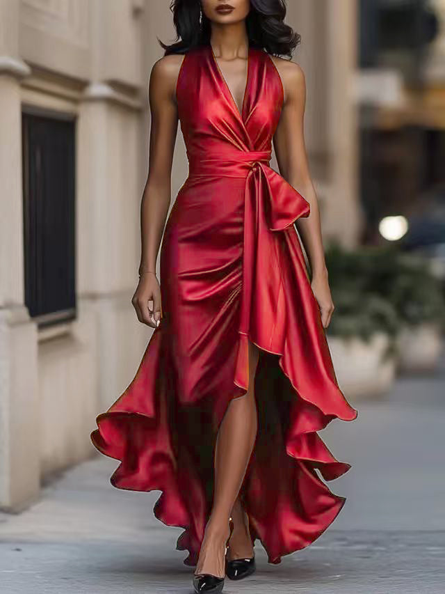 V-neck Irregular Ruffle Lightweight Maxi Dresses