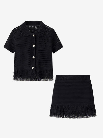 2-Piece Sets Women's Clothing Skirt Set White Elegant Fringe Turndown Long Sleeves Sets
