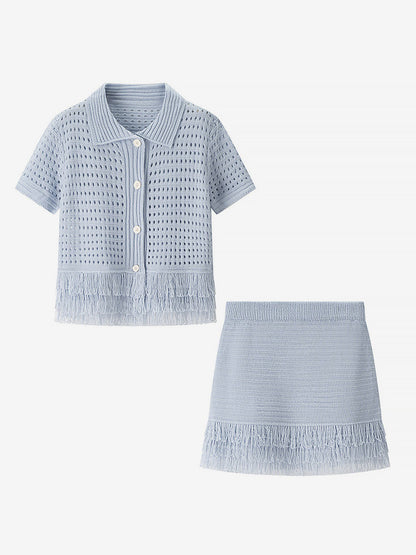 2-Piece Sets Women's Clothing Skirt Set White Elegant Fringe Turndown Long Sleeves Sets
