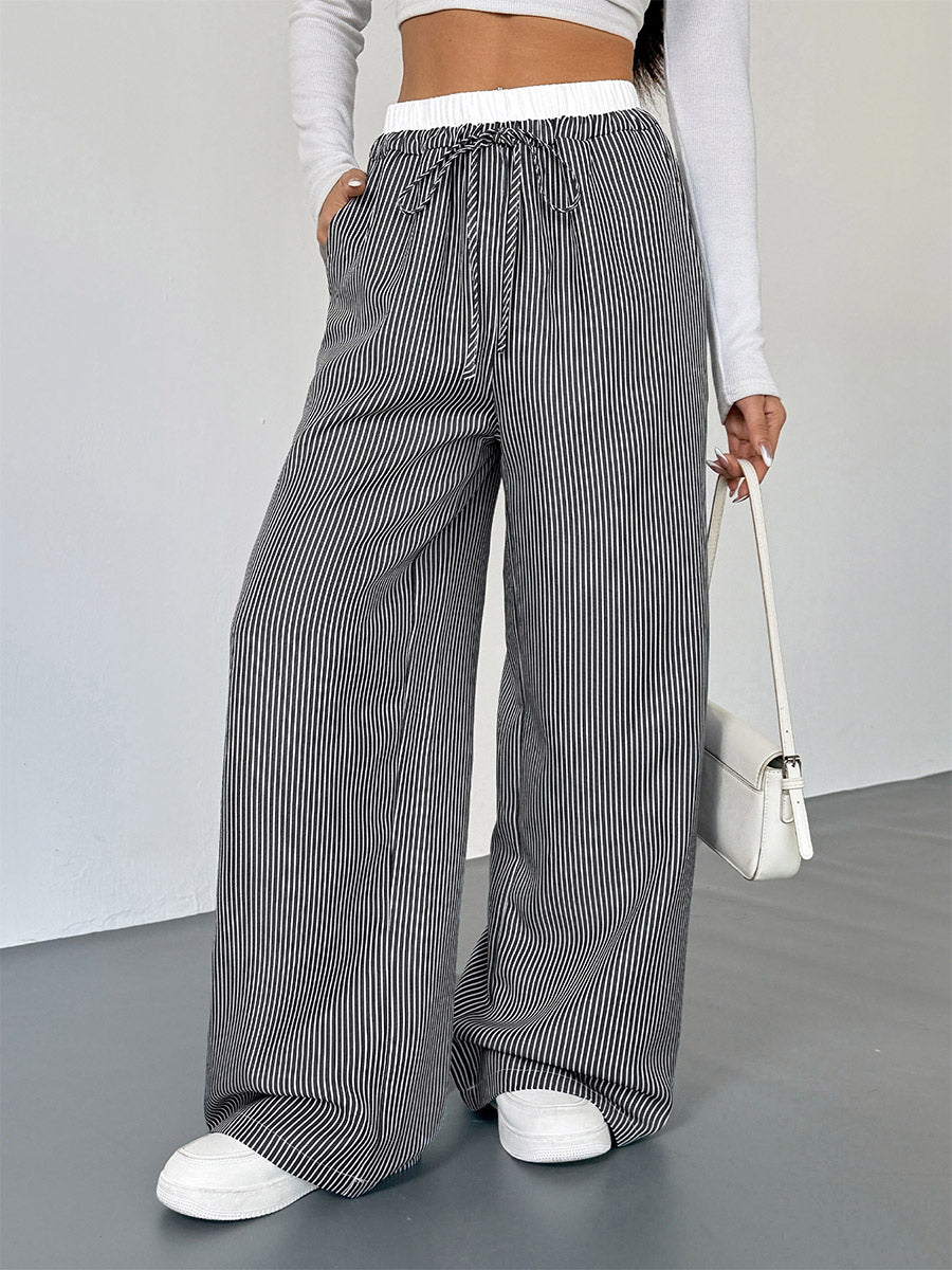 Women's Black White Striped Wide Leg Pants Contrast Elastic Waist Drawstring Casual Trousers