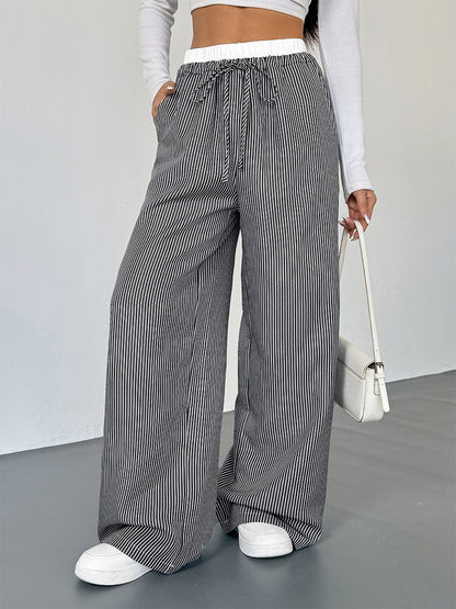 Women's Black White Striped Wide Leg Pants Contrast Elastic Waist Drawstring Casual Trousers