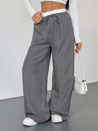 Women's Black White Striped Wide Leg Pants Contrast Elastic Waist Drawstring Casual Trousers