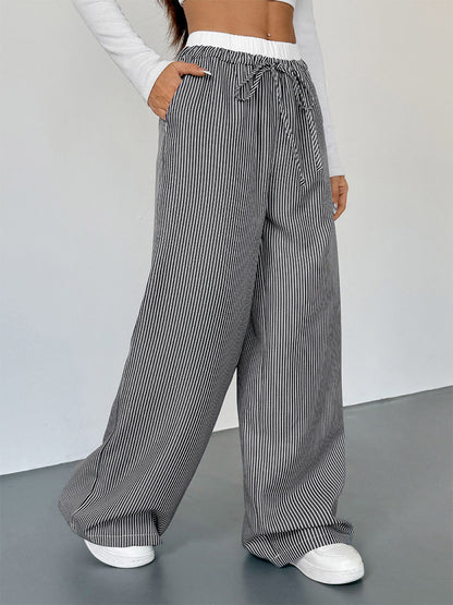 Women's Black White Striped Wide Leg Pants Contrast Elastic Waist Drawstring Casual Trousers