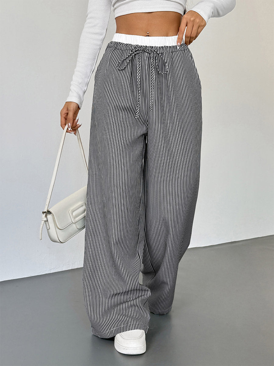 Women's Black White Striped Wide Leg Pants Contrast Elastic Waist Drawstring Casual Trousers