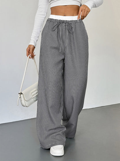 Women's Black White Striped Wide Leg Pants Contrast Elastic Waist Drawstring Casual Trousers