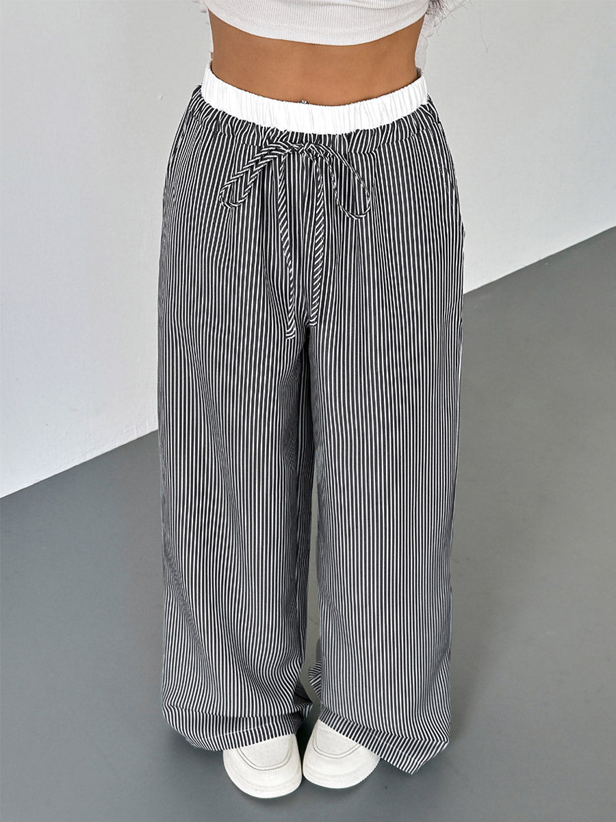 Women's Black White Striped Wide Leg Pants Contrast Elastic Waist Drawstring Casual Trousers
