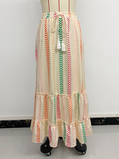 Skirts Apricot Bohemian Stripes Summer Mid-calf Length Women's Bottoms