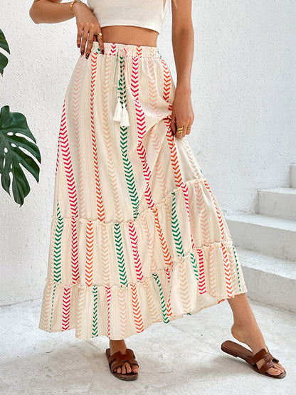 Skirts Apricot Bohemian Stripes Summer Mid-calf Length Women's Bottoms