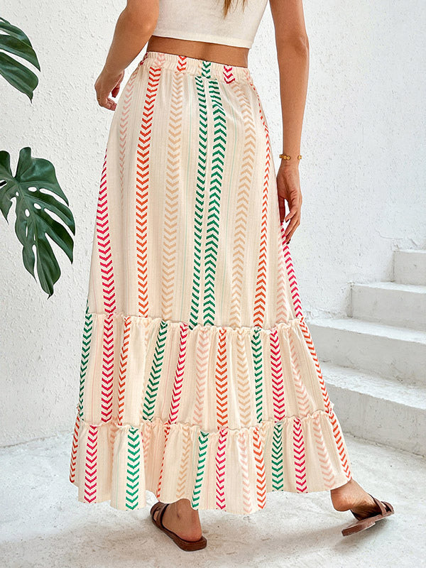 Skirts Apricot Bohemian Stripes Summer Mid-calf Length Women's Bottoms