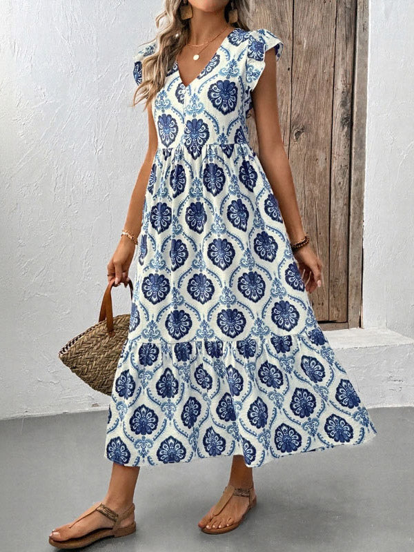 Women's White Blue Medallion Print Tiered Midi Dress V Neck Ruffle Cap Sleeve Casual Summer Dress