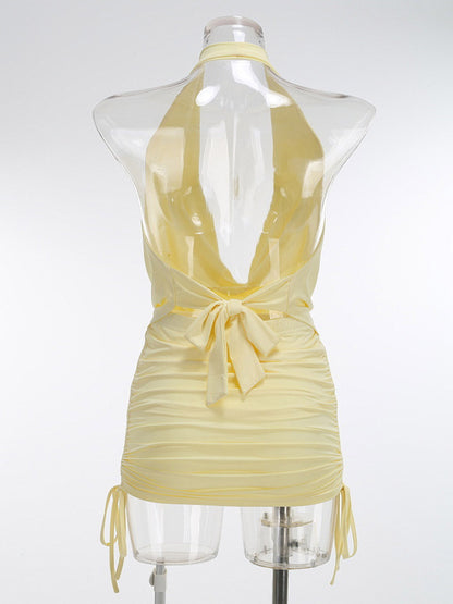 Two Piece Sets Skirt Set Mini Dresses Yellow Dating Casual Cowl Neck Sleeveless Sets