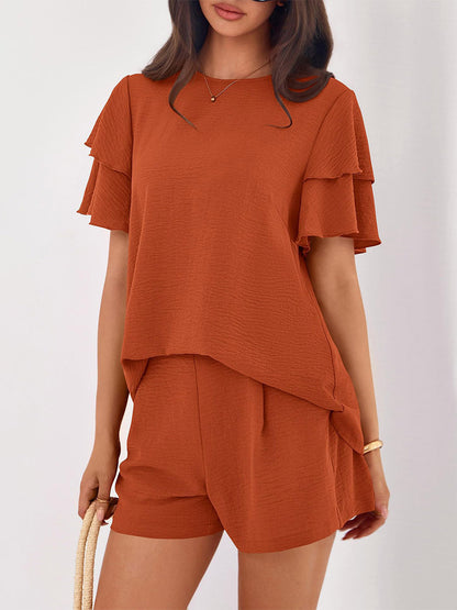 Two Piece Sets Pant Set Black Jewel Neck T-Shirt Sleeves Short Sleeves Sets