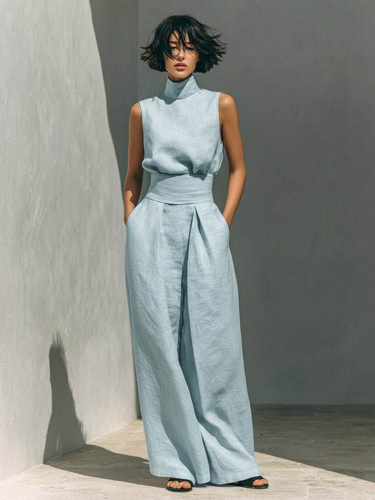 Two Piece Sets Pant Set Maxi Dresses Ecru White High Collar Sleeveless Elegant Sets