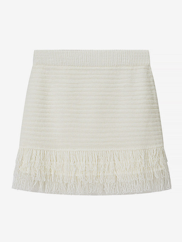 2-Piece Sets Women's Clothing Skirt Set White Elegant Fringe Turndown Long Sleeves Sets