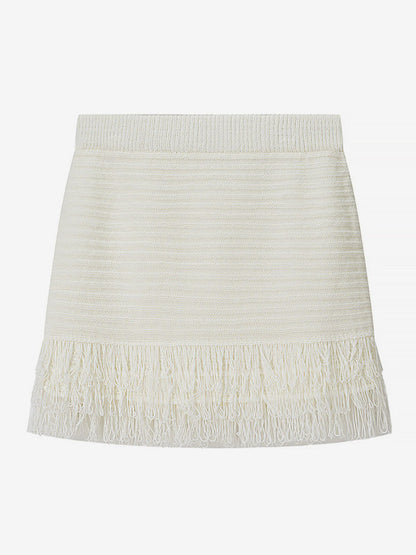 2-Piece Sets Women's Clothing Skirt Set White Elegant Fringe Turndown Long Sleeves Sets