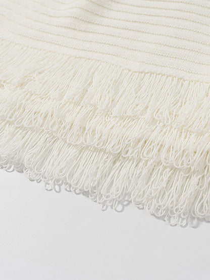 2-Piece Sets Women's Clothing Skirt Set White Elegant Fringe Turndown Long Sleeves Sets