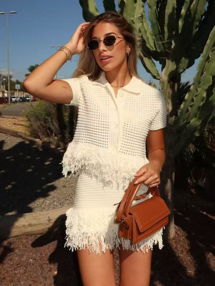 2-Piece Sets Women's Clothing Skirt Set White Elegant Fringe Turndown Long Sleeves Sets