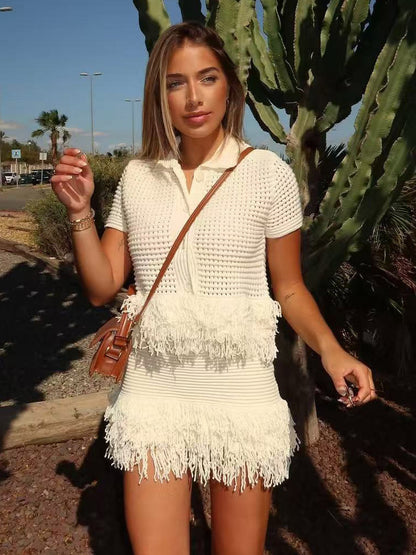 2-Piece Sets Women's Clothing Skirt Set White Elegant Fringe Turndown Long Sleeves Sets