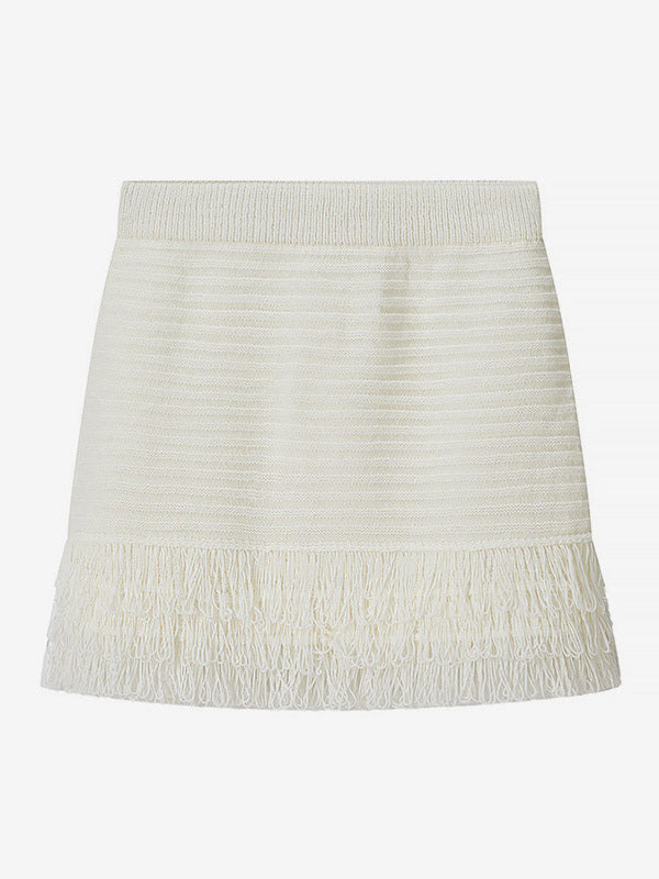 2-Piece Sets Women's Clothing Skirt Set White Elegant Fringe Turndown Long Sleeves Sets