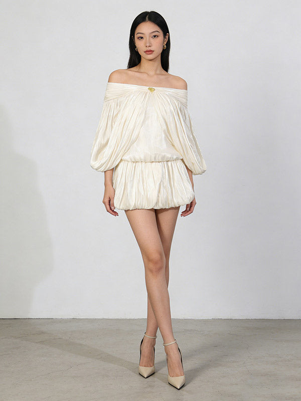 Cream Off Shoulder Ruffle Mini Dress Set For Women Romantic Chic