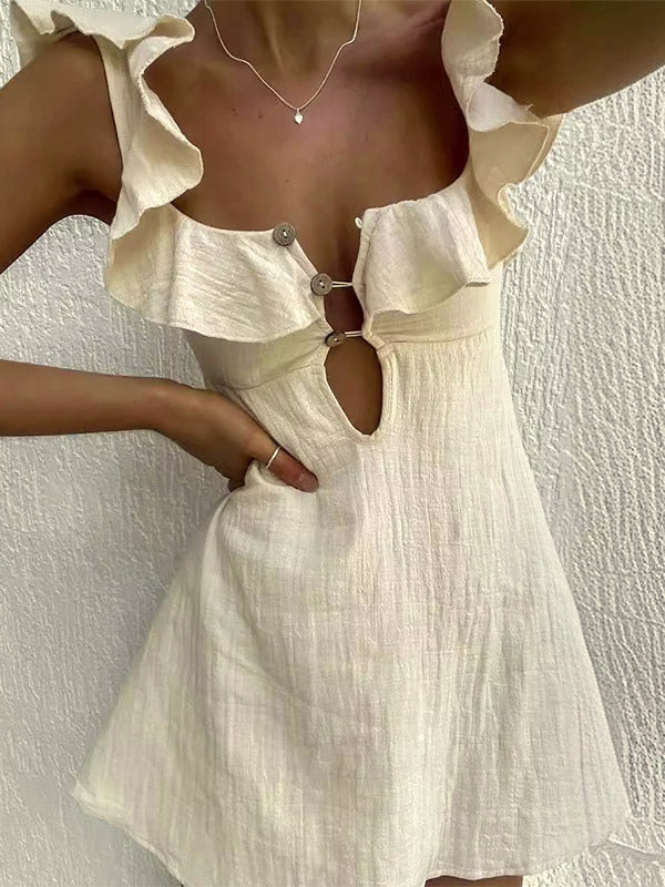 Cream Ruffled Square Neck Mini Dress For Women