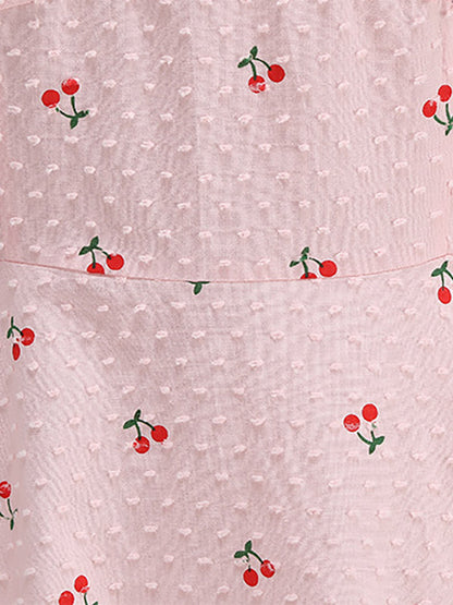 Pink Cherry Print Halter A Line Midi Dress For Women Sweet Summer