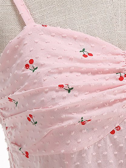 Pink Cherry Print Halter A Line Midi Dress For Women Sweet Summer