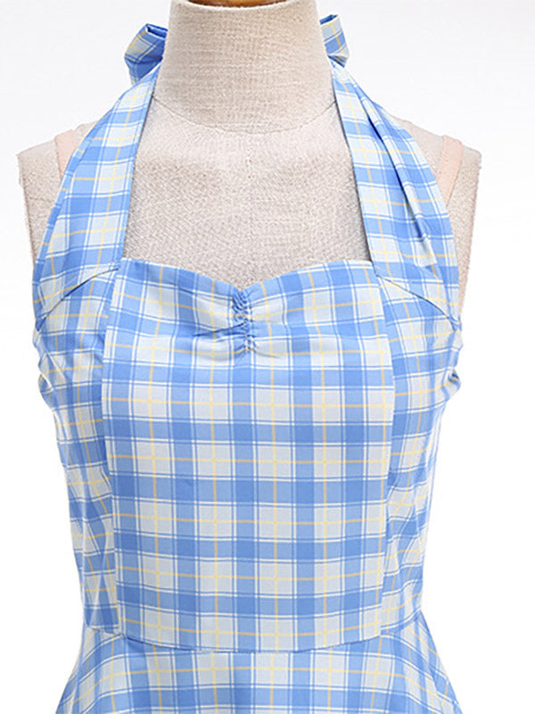 Chic Fitted Blue Plaid Gown With A Line Skirt Perfect For Summer Parties