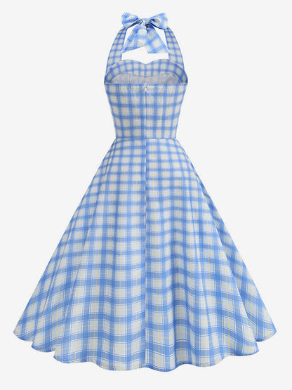 Chic Fitted Blue Plaid Gown With A Line Skirt Perfect For Summer Parties