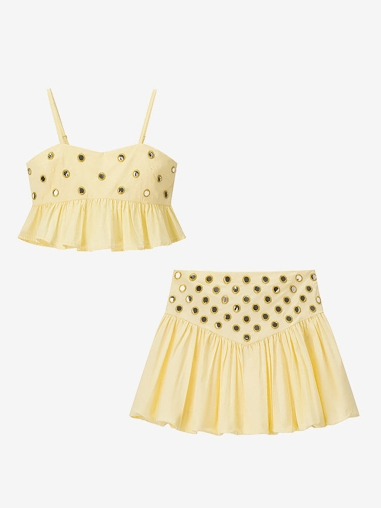 2-Piece Sets Skirt Set Yellow Elegant Straps Neck Pleated Sleeveless Sets