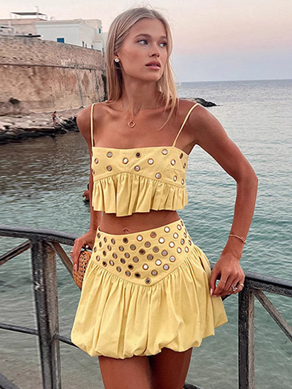 2-Piece Sets Skirt Set Yellow Elegant Straps Neck Pleated Sleeveless Sets