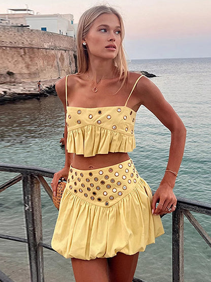 2-Piece Sets Skirt Set Yellow Elegant Straps Neck Pleated Sleeveless Sets