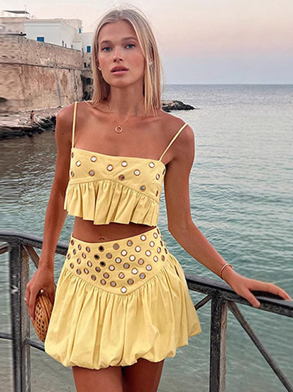 2-Piece Sets Skirt Set Yellow Elegant Straps Neck Pleated Sleeveless Sets