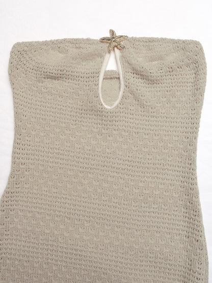 Women's Beige Crochet Knit Strapless Maxi Dress With Starfish Detail Keyhole Cutout Side Slit Summer Beach Dress