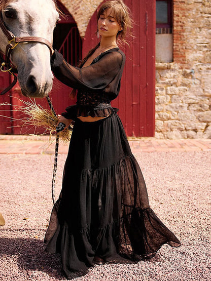 Two Piece Sets Skirt Set Maxi Dresses Apricot Resort Wear Buttons Casual V-Neck Long Sleeves Sets