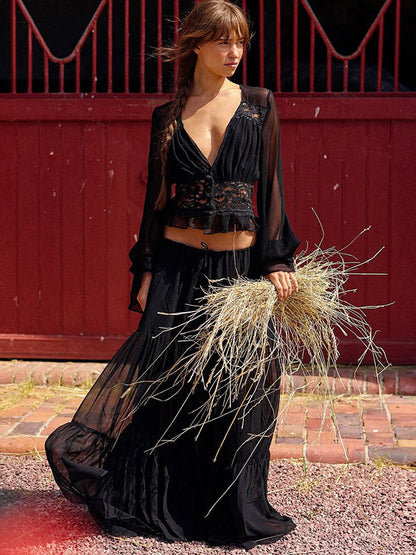 Two Piece Sets Skirt Set Maxi Dresses Apricot Resort Wear Buttons Casual V-Neck Long Sleeves Sets