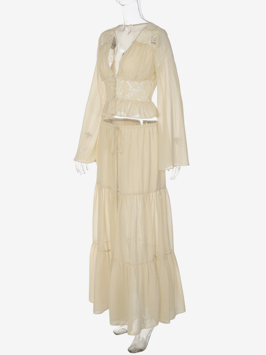 Two Piece Sets Skirt Set Maxi Dresses Apricot Resort Wear Buttons Casual V-Neck Long Sleeves Sets