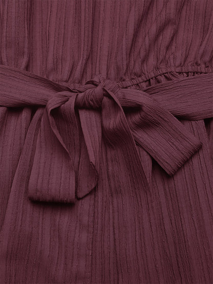Women's Mauve One-Shoulder Belted Romper Textured Fabric Tie Waist Casual Summer Playsuit