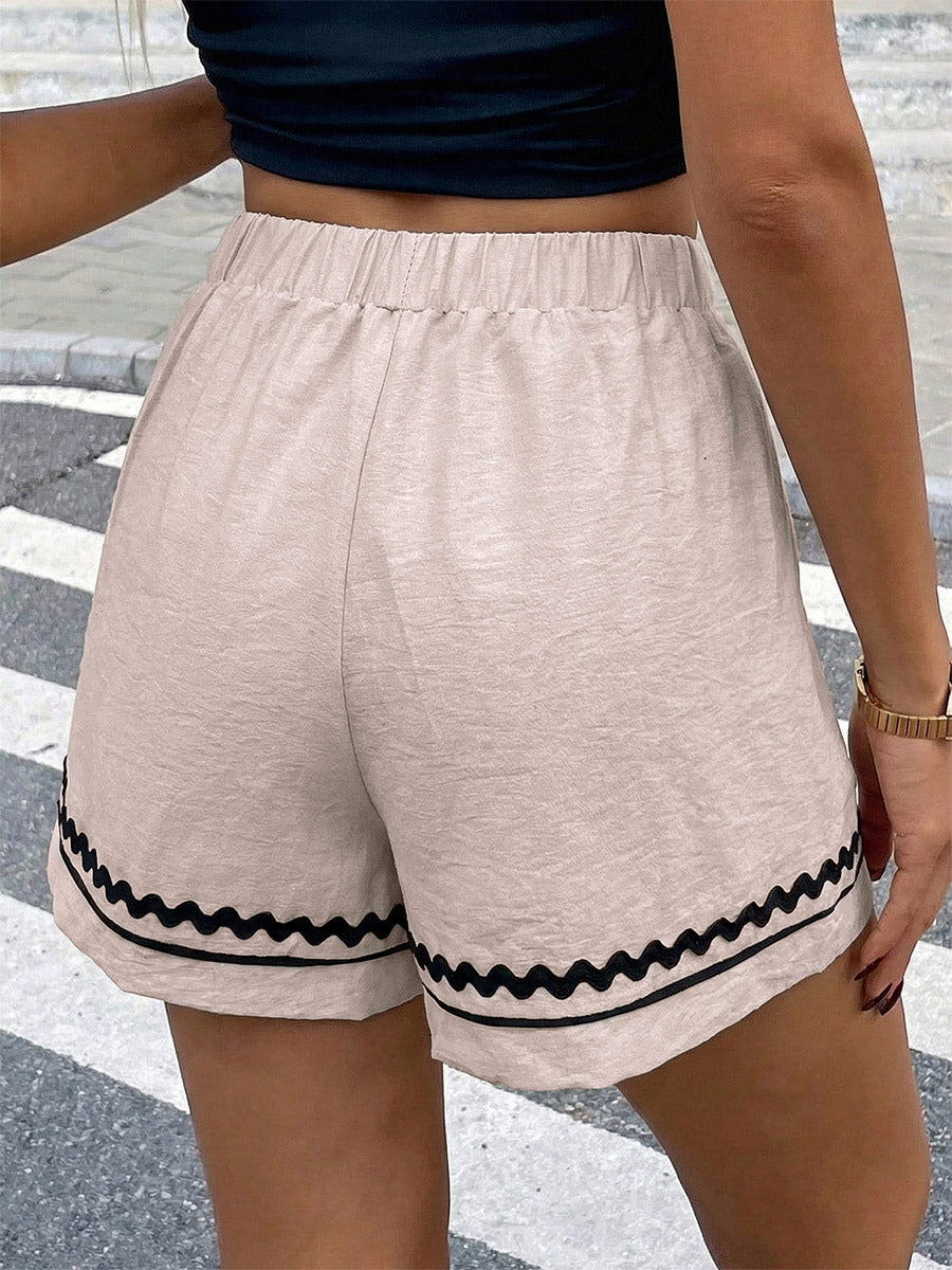 Women's Beige Elastic Waist Shorts With Black Wavy Trim Casual High Waisted Loose Summer Shorts