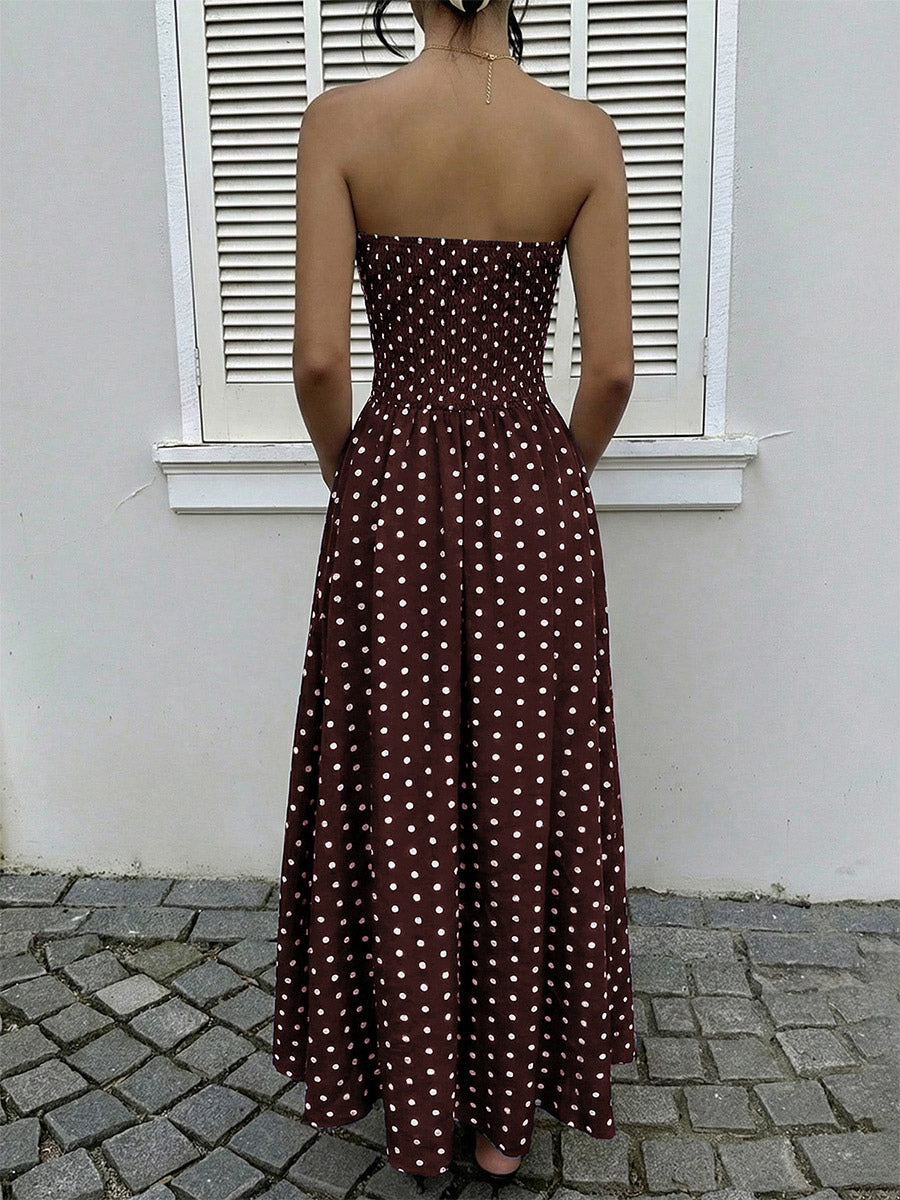 Women's Navy Blue White Polka Dot Strapless Maxi Dress High Waisted A Line Flowy Summer Dress