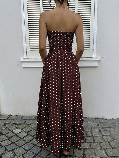 Women's Navy Blue White Polka Dot Strapless Maxi Dress High Waisted A Line Flowy Summer Dress