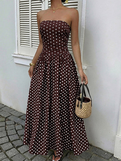 Women's Navy Blue White Polka Dot Strapless Maxi Dress High Waisted A Line Flowy Summer Dress