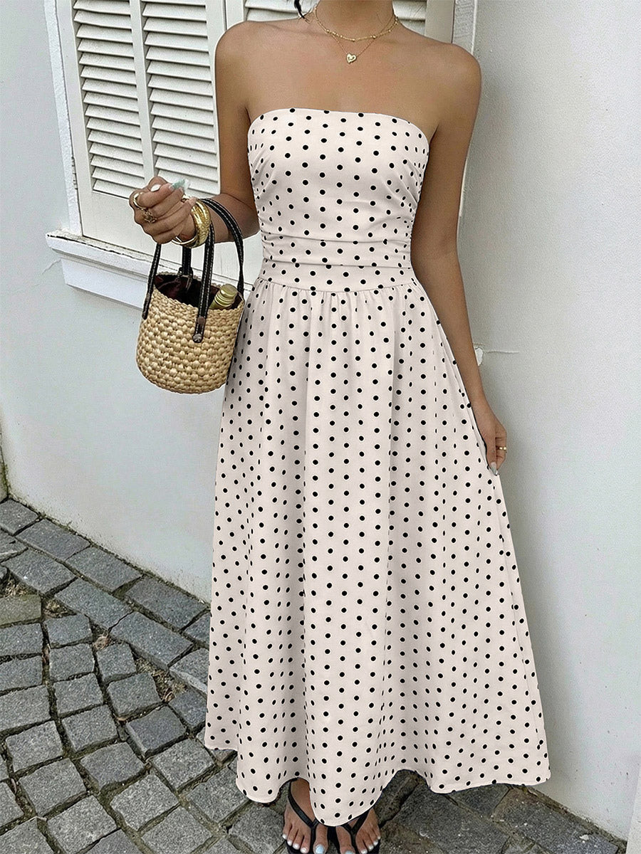 Women's Navy Blue White Polka Dot Strapless Maxi Dress High Waisted A Line Flowy Summer Dress